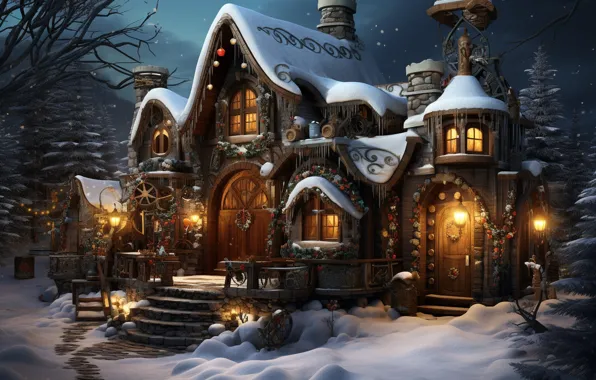 Winter, snow, decoration, night, lights, tree, New Year, Christmas
