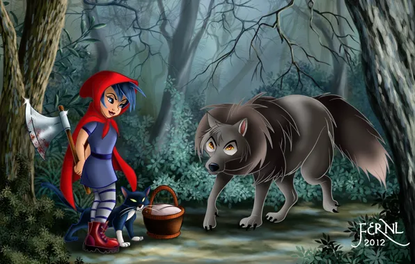 Picture forest, cat, cat, basket, blood, wolf, little red riding hood, art