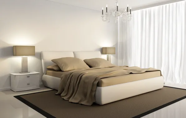 White, design, interior, chandelier, bedroom, beige, modern, bedroom