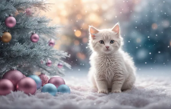 Picture cat, snow, Christmas tree, balloons