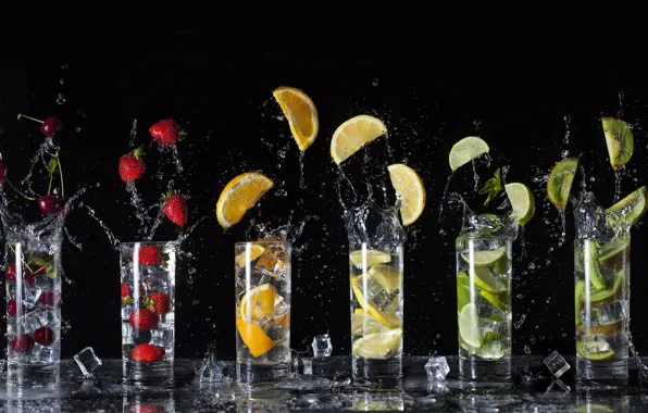 Squirt, cherry, berries, splash, strawberry, lime, glasses, black background