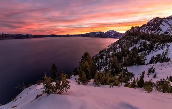 Nature, lake, dawn, island, crater, Oregon, national park, Crater lake