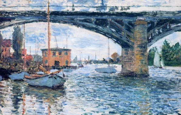 Landscape, the city, boat, picture, Claude Monet, The bridge at Argenteuil. Overcast