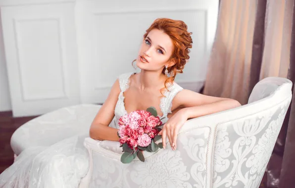Picture look, girl, flowers, room, bouquet, chair, makeup, dress