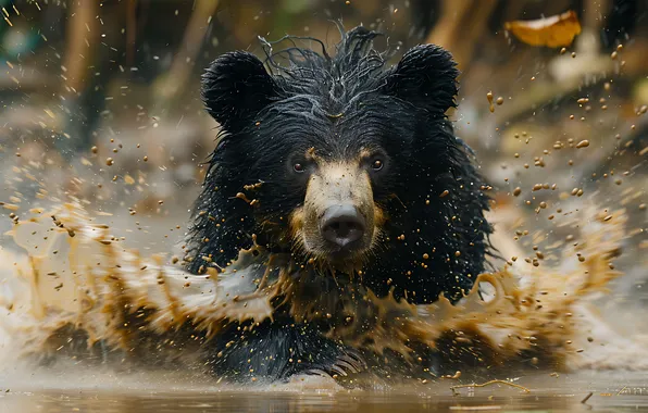 Water, Look, Dirt, Bear, Face, Predator, Digital art, Black bear