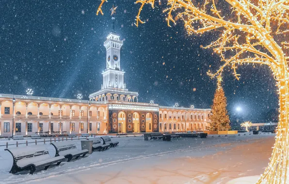 Picture illumination, holiday, snow, the building, winter, tree, the city, tree