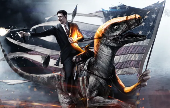 Dinosaur, male, sleeve, machine gun