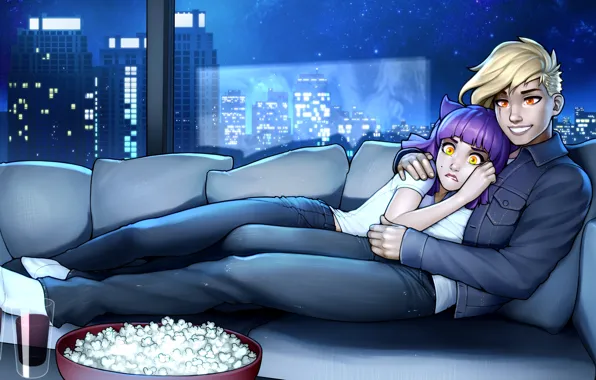 Girl, night, sofa, mood, art, guy, popcorn