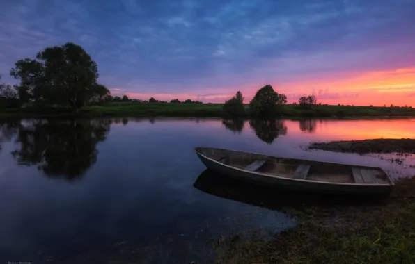 Picture the sky, water, sunset, nature, river, boat, Russia, Olontsev Andrew