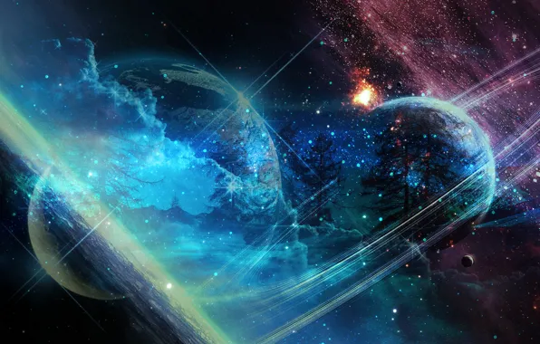 Picture space, trees, mountains, planet