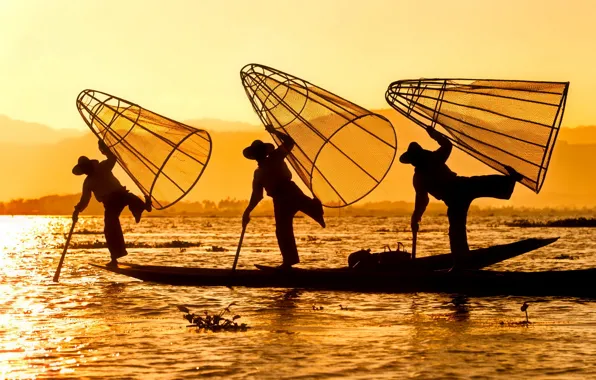 The sun, river, sunrise, boat, morning, fishermen, silhouettes, traps