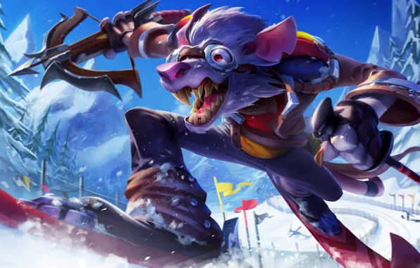 Snow, trees, mountains, nature, ski, fantasy, rat, League of Legends