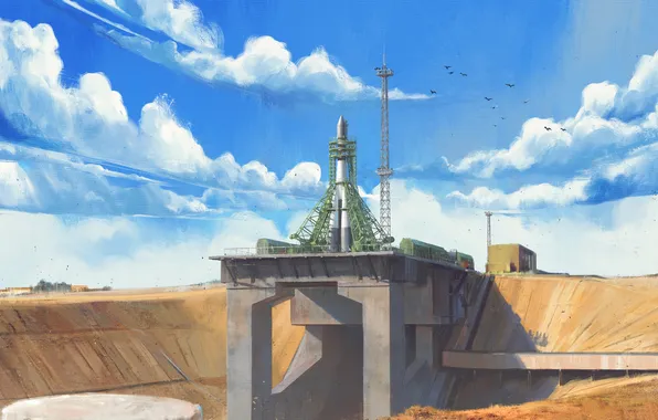 East, USSR, Rocket, Art, Baikonur, Spaceship, Launch complex, The starting table