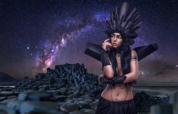 Picture girl, stars, night, Life They Will Treat Guests, between stars