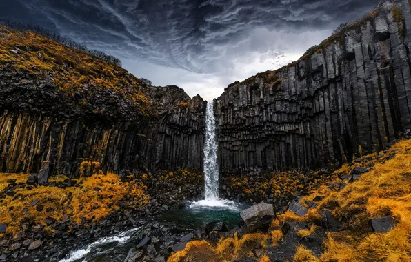 Autumn, clouds, stones, rocks, shore, waterfall, storm, hurricane