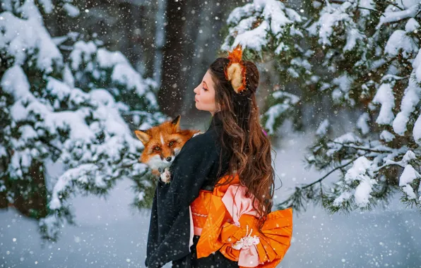 Winter, forest, girl, snow, pose, Fox, red, kimono