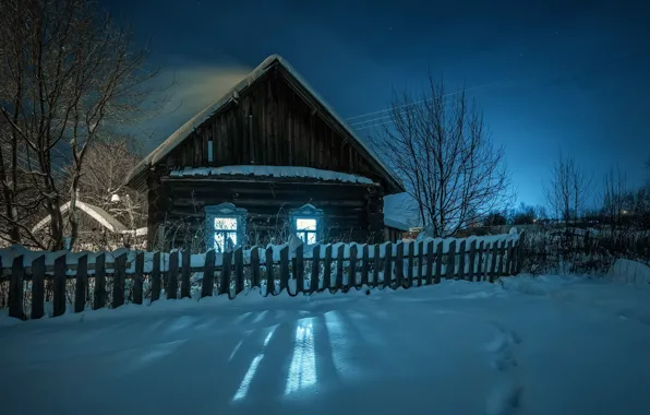 Picture winter, light, snow, landscape, night, nature, house, the fence