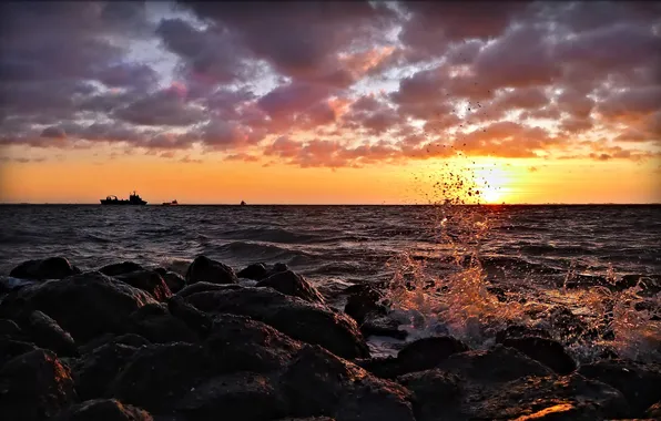 Picture sea, wave, sunset, squirt, stones, shore, splash