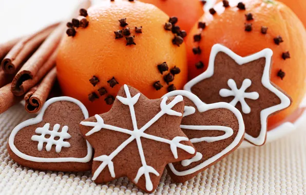 Snowflakes, holiday, orange, cookies, hearts, cinnamon, figures, carnation