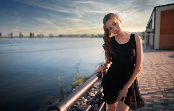 Picture look, girl, pose, river, promenade, long hair, black dress, Dmitry Shulgin