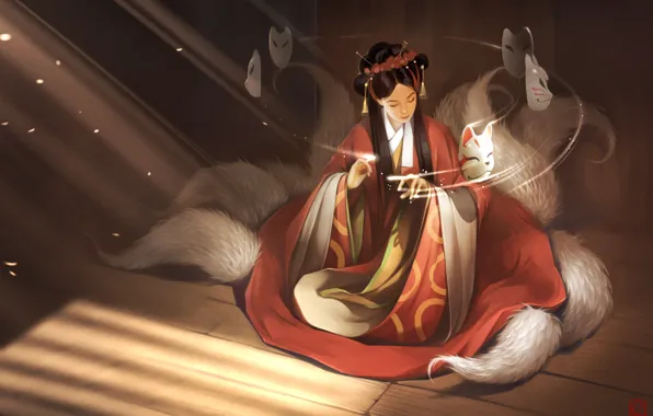 Girl, magic, mask, Fox, art, tails, kitsune, Alexander Khitrov
