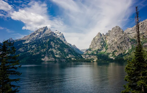 The sky, clouds, mountains, blue, rocks, shore, the slopes, tops
