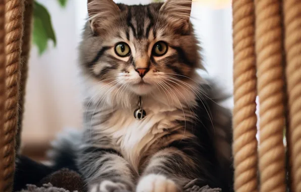 Cat, look, pose, kitty, grey, rope, rope, collar