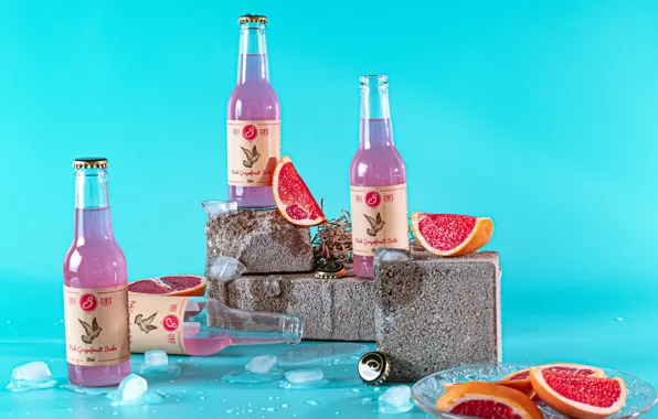 Bottle, drink, bricks, blue background, slices, composition, soda, grapefruit