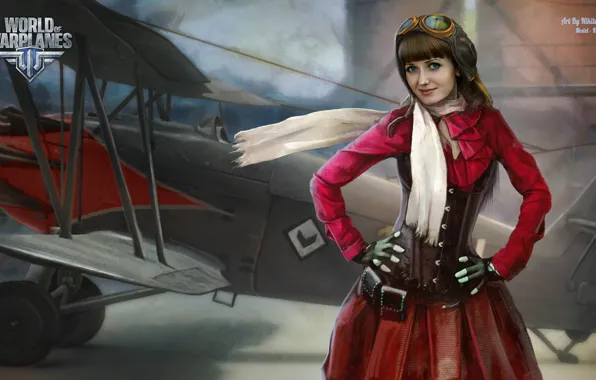 Picture girl, the plane, scarf, girl, aviation, air, MMO, Wargaming.net