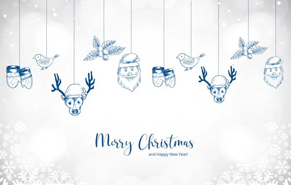 Snow, snowflakes, toys, Christmas, New year, birds, thread, Santa Claus