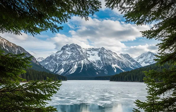 Winter, the sky, clouds, mountains, lake, ice, ate, wallpaper