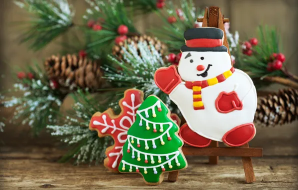 Picture holiday, new year, Christmas, branch, cookies, snowman, herringbone, bumps