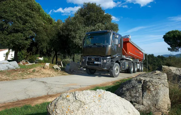 Picture road, stones, vegetation, truck, Renault, body, tractor, triaxial