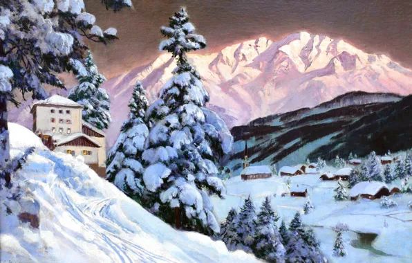 Home, Mountains, Night, Snow, Picture, Alois Arnegger, Ate, Alois Arnegger