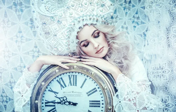 Picture girl, pose, style, watch, hands, makeup, lace, closed eyes