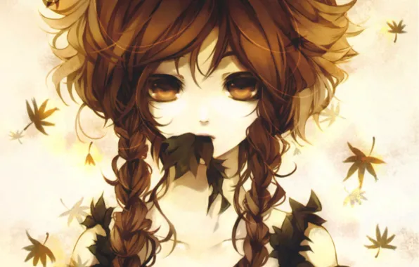 Leaves, face, red, shoulders, art, braids, big eyes, shiki
