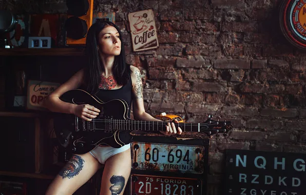 Girl, music, guitar, tattoo