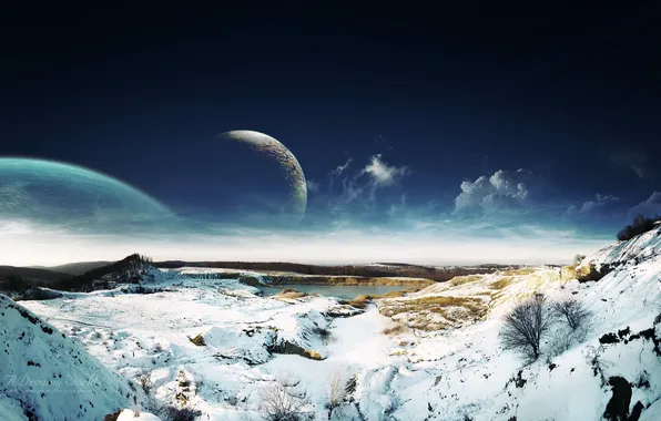 Picture winter, the sky, clouds, snow, landscape, lake, planet, fantasy