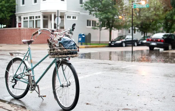 Picture the city, rain, bike