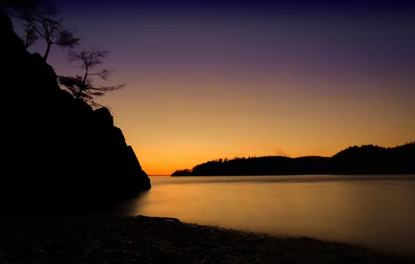 Forest, lake, rocks, morning, silhouette, Washington, Rosario Beach