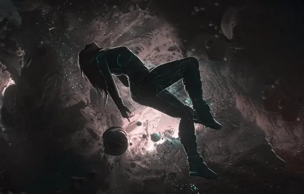 The wreckage, girl, space, light, flight, fragments, space, pose