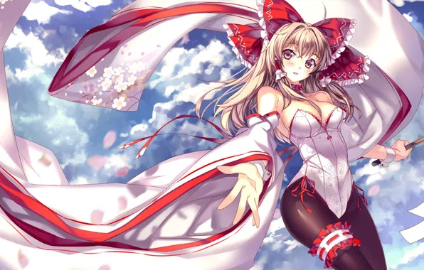 Picture the sky, girl, flowers, bow, dlinnye sleeves