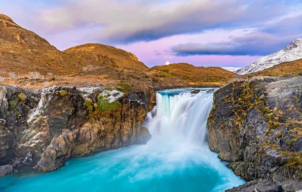 The sky, clouds, mountains, stones, rocks, waterfall