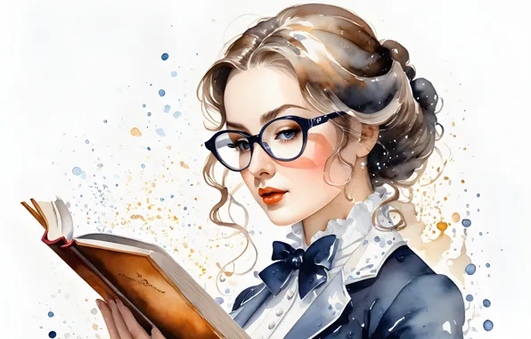 Girl, glasses, white background, book, blots, form, painting, student