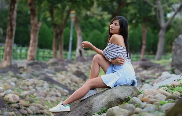 Picture stone, skirt, blouse, legs, Asian, sitting