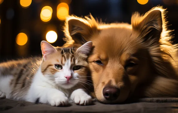 Cat, cat, look, light, lights, pose, the dark background, together