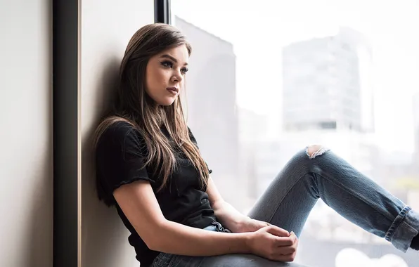 Pose, jeans, makeup, actress, brunette, window, t-shirt, hairstyle