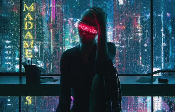 Picture girl, room, food, cyberpunk, one, scoreboard, digital art, raindrops