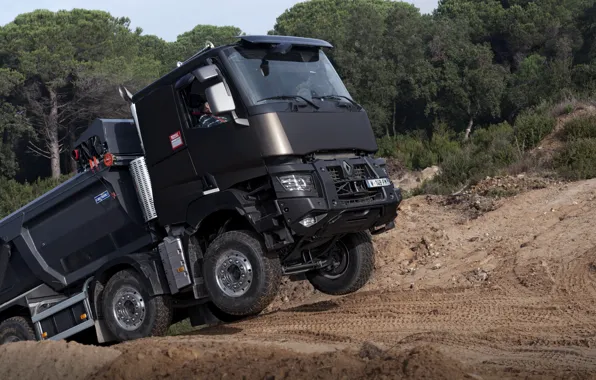 Picture road, sand, movement, Renault, body, dump truck, four-axle, Renault Trucks