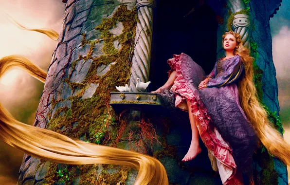 Picture tower, moss, window, pigeons, singer, Rapunzel, Taylor Swift, sitting